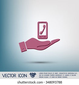 hand holding a smartphone with the symbol telephone handset