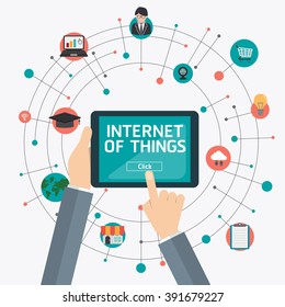hand holding smartphone or tablet with Internet of things word and icons, Digital Marketing concept