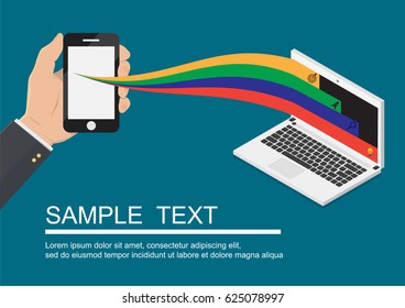 Hand holding smartphone and tablet with sending data to the laptop. illustration Eps10
