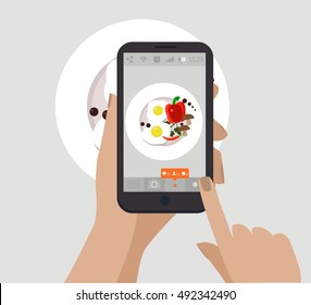Hand holding smartphone and taking food photography. . Vector 10 eps.