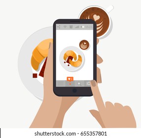 Hand holding smartphone and taking food photography. Vector.  Croissant, coffee cup and chocolate.