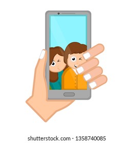 Hand holding a smartphone taking a photo. Vector illustration design
