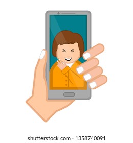 Hand holding a smartphone taking a photo. Vector illustration design