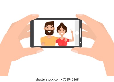 Hand holding smartphone and taking photo, selfie. Vector illustration.