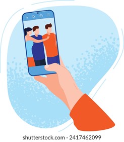 Hand holding smartphone taking selfie of two friends embracing, warm friendship moment, social media post. Mobile virtual connection and happy moments vector illustration.