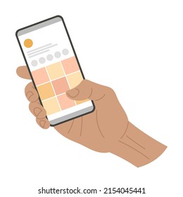 Hand holding smartphone and tapping on app icon, using mobile apps. Cartoon vector illustration of person showing phone