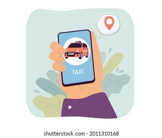 Hand holding smartphone with taxi app on screen. Person booking yellow car online through mobile app flat vector illustration. Transportation, cab concept for banner, website design or landing web