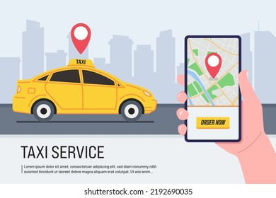 Mano sosteniendo el smartphone con la aplicación Taxi en pantalla. Cartel del servicio de taxi. Vector.