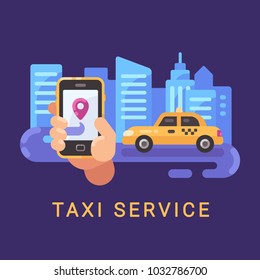 Hand holding smartphone with taxi service mobile app and a car on the road at night. Transportation service flat illustration banner with text