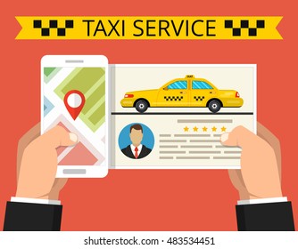 Hand holding smartphone with taxi service app on the screen. Online taxi driver card. Vector flat illustration.