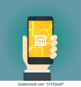 Hand holding smartphone. Taxi service application on a screen. Smart taxi service concept. Cartoon Vector Illustration.