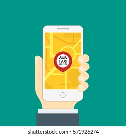 Hand holding smartphone. Taxi service application on a screen and location pointer on street map. Smart taxi service concept. Cartoon Vector Illustration.