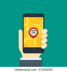 Hand holding smartphone. Taxi service application on a screen and location pointer on street map. Smart taxi service concept. Cartoon Vector Illustration.