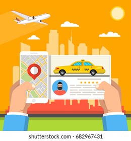 Hand holding smartphone with taxi service app on the screen. Online taxi driver card. City skyscrapers and airplane on the background. Flat cartoon style. Vector illustration.