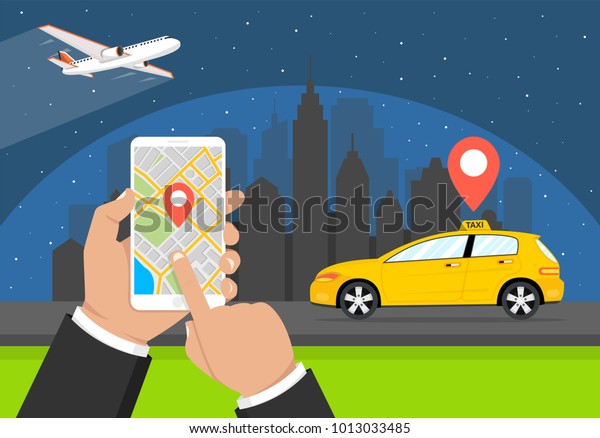 Hand holding smartphone with taxi\
service app on the screen. Online taxi driver card. City\
skyscrapers and airplane on the background. Vector\
illustration.