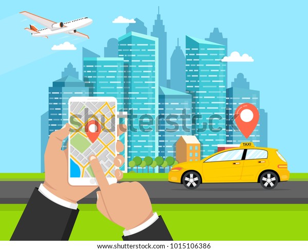 Hand holding smartphone with taxi\
service app on the screen. Online taxi driver card. City\
skyscrapers and airplane on the background. Vector\
illustration.