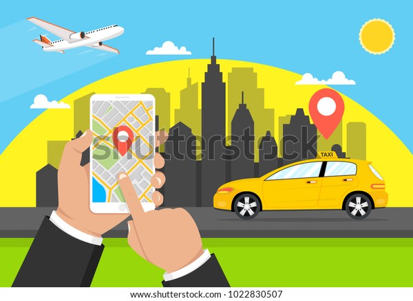 Hand holding smartphone with taxi
service app on the screen. Online taxi driver card. City
skyscrapers and airplane on the background. Vector
illustration.