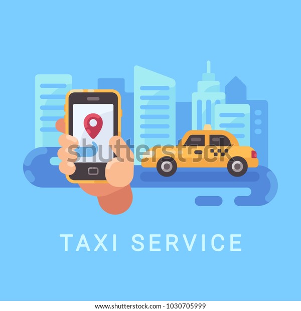 Hand holding smartphone with taxi service mobile app\
and a car on the road. Transportation service flat illustration\
banner with text