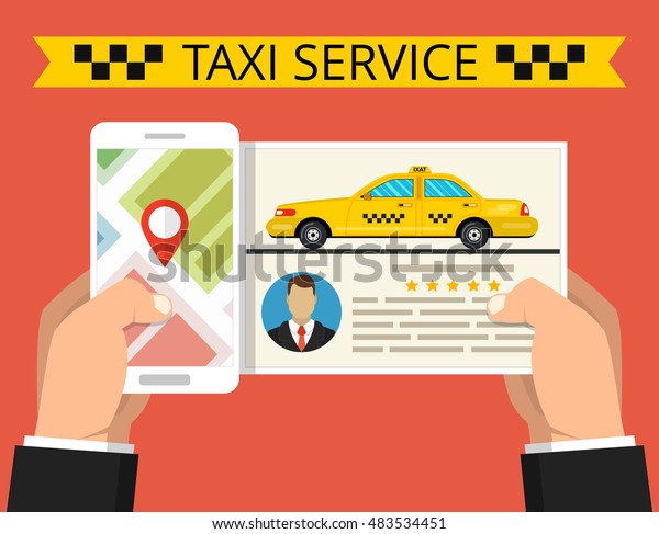 Hand holding
smartphone with taxi service app on the screen. Online taxi driver
card. Vector flat
illustration.