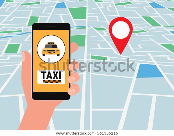 Hand holding\
smartphone. Taxi service application on a screen and location\
pointer on street map. Smart taxi service concept, yellow cab, car.\
Cartoon Vector\
Illustration.