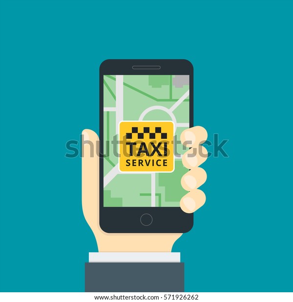 Hand\
holding smartphone. Taxi service application on a screen. Smart\
taxi service concept. Cartoon Vector\
Illustration.