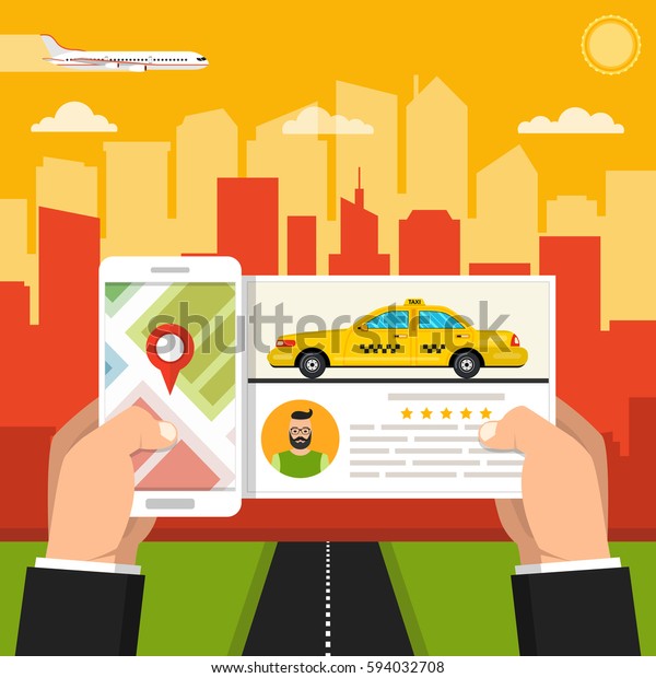Hand holding smartphone with taxi service\
app on the screen. Online taxi driver card. City skyscrapers on the\
background. Vector flat\
illustration.