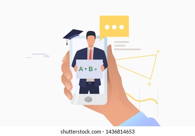 Hand holding smartphone with teacher on screen. Application, service, study concept. Vector illustration can be used for topics like knowledge, education, online course