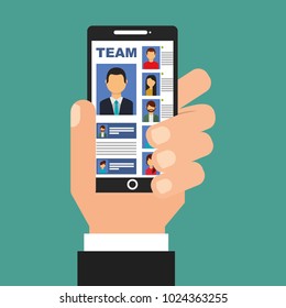 hand holding smartphone with team in screen people