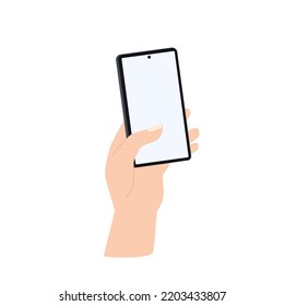 Hand holding a smartphone. Template. Flat vector illustration on a white background.