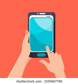 Hand holding smartphone. Template a mobile phone. Hand presses on the screen. Vector illustration in flat style. Black smartphone with blue screen on red background. Mobile phone icon in vector.