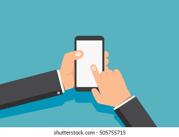 Hand holding smartphone template with shadow on blue background. Cartoon hands holding Mockup phone and finger tap on screen. Sample Template Flat design vector illustration for Your concept design.