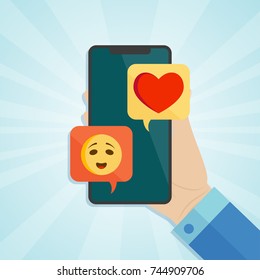 Hand holding smartphone with tender emotion and heart icons on a screen. Vector illustration.