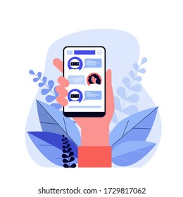 Hand holding smartphone with text messages flat vector illustration. Modern mobile screen with online chatting application. Conversation and digital technology concept