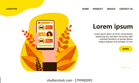 Hand holding smartphone with text messages flat vector illustration. Modern mobile screen with online chatting application. Conversation and digital technology concept