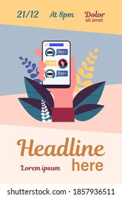 Hand holding smartphone with text messages flat vector illustration. Modern mobile screen with online chatting application. Conversation and digital technology concept