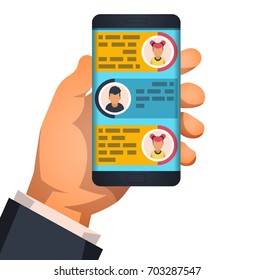 Hand holding smartphone  with text messaging. Male and female icon in chat. Vector flat illustration.
