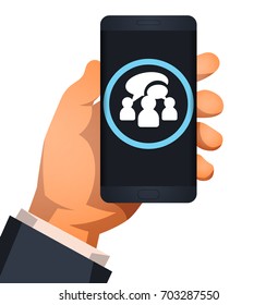 Hand holding smartphone  with text messaging. Male and female icon in chat. Vector flat illustration.
