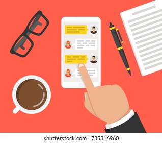 Hand holding smartphone with text messaging on the screen. ?up of coffee, notebook with pen and glasses lay on the table. Vector illustration.