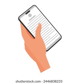 Mano que sostiene el teléfono inteligente con el texto en la pantalla, persona que lee la Ilustración vectorial del libro digital