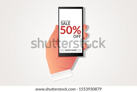Hand holding smartphone with text promotion sale on the screen isolated on the background. Flat vector illustration