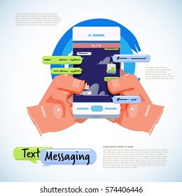 hand holding smartphone and texting message. chat with text message concept - vector illustration