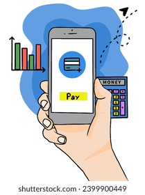 A hand holding smartphone that on screen shows payment by smartphone, online transaction concept, make money online, successful business concept