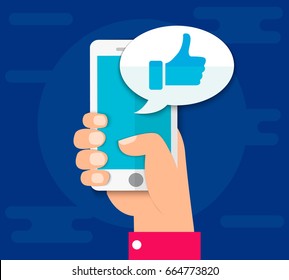 Hand holding smartphone. Thumbs up icon. Social network, social media usage on mobile device. Concept for websites, web banner. Flat design vector illustration. EPS10