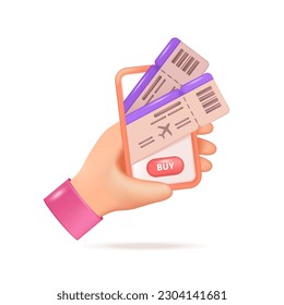 Hand holding smartphone with tickets 3d vector illustration. Mobile app for booking plane tickets in cartoon style isolated on white background. Summer, tourism, vacation, travel concept