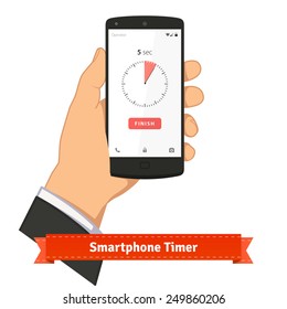 Hand holding smartphone with timer app on screen. Flat style illustration or icon. EPS 10 vector.