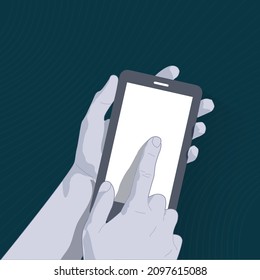 Mano sosteniendo el smartphone con pantalla táctil, toca la pantalla. aplicación móvil. Ilustración vectorial de diseño plano