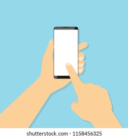 Hand holding smartphone, touching blank white screen. Vector illustration in flat style