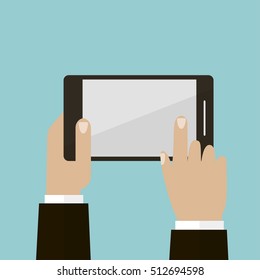Hand holding smartphone, touching blank whith screen
