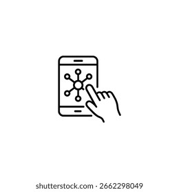 A hand holding a smartphone and touching a network diagram on the screen representing mobile connectivity.