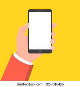 Hand holding smartphone and touching screen. Vector illustration.
